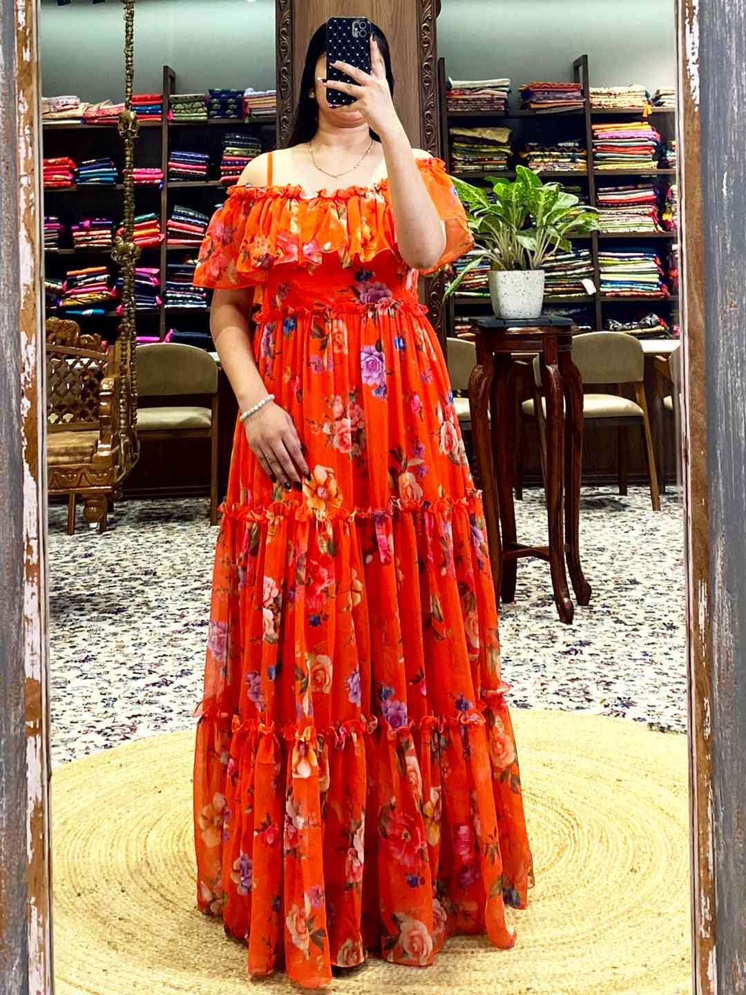 Sunny Orange Georgette Floral Dress by My Store
