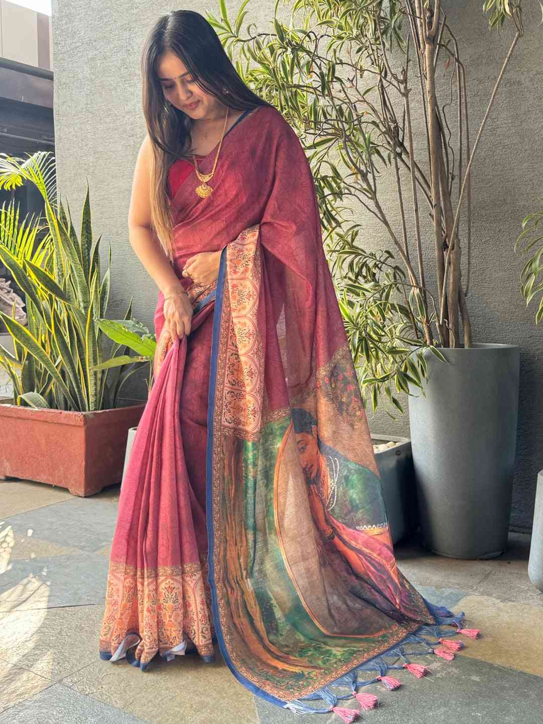 Burgundy Colour Ikkat Print Saree With kalamkari Block Print Design by My Store