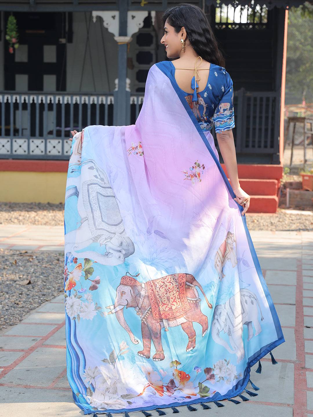 Satin Georgette Lavender Colour Hand Print Saree - Luxe by My Store