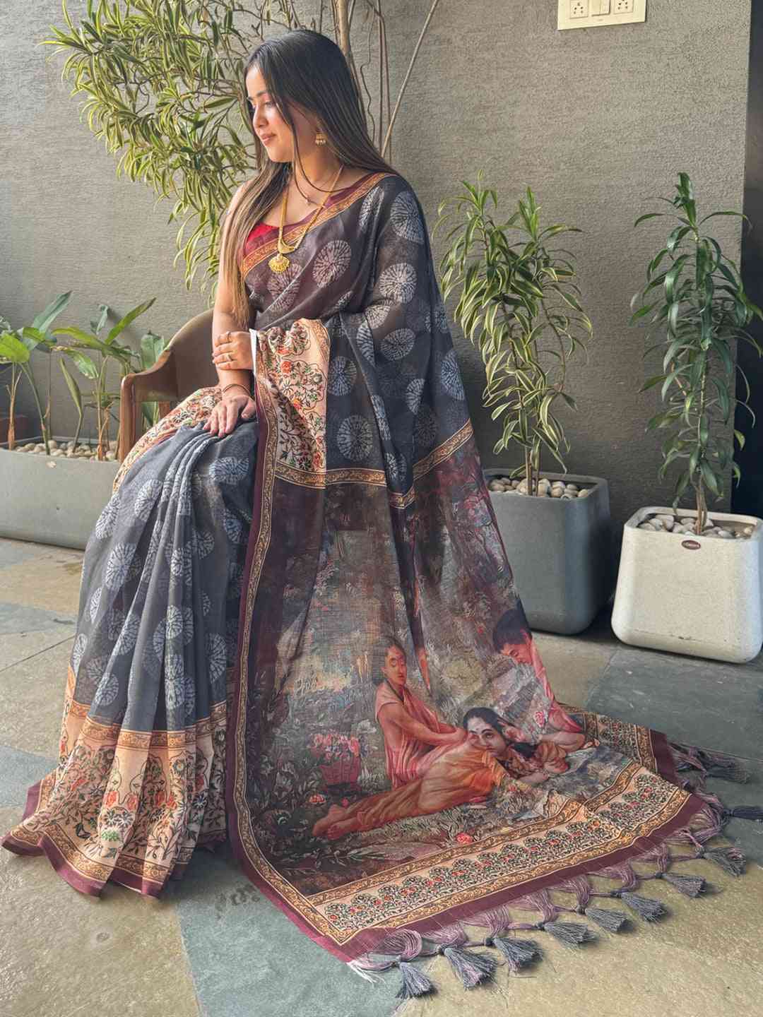 Grey Colour Block Print Saree With kalamkari Print Pallu by My Store