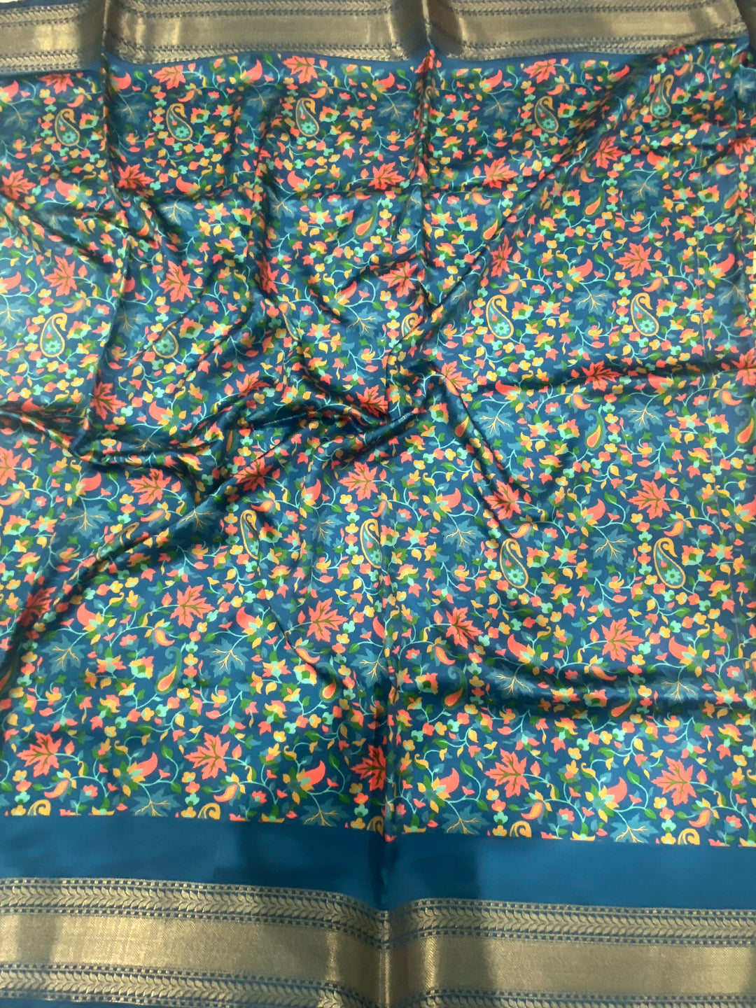 Blue Mughal Kalamkari Print Pashmina Saree