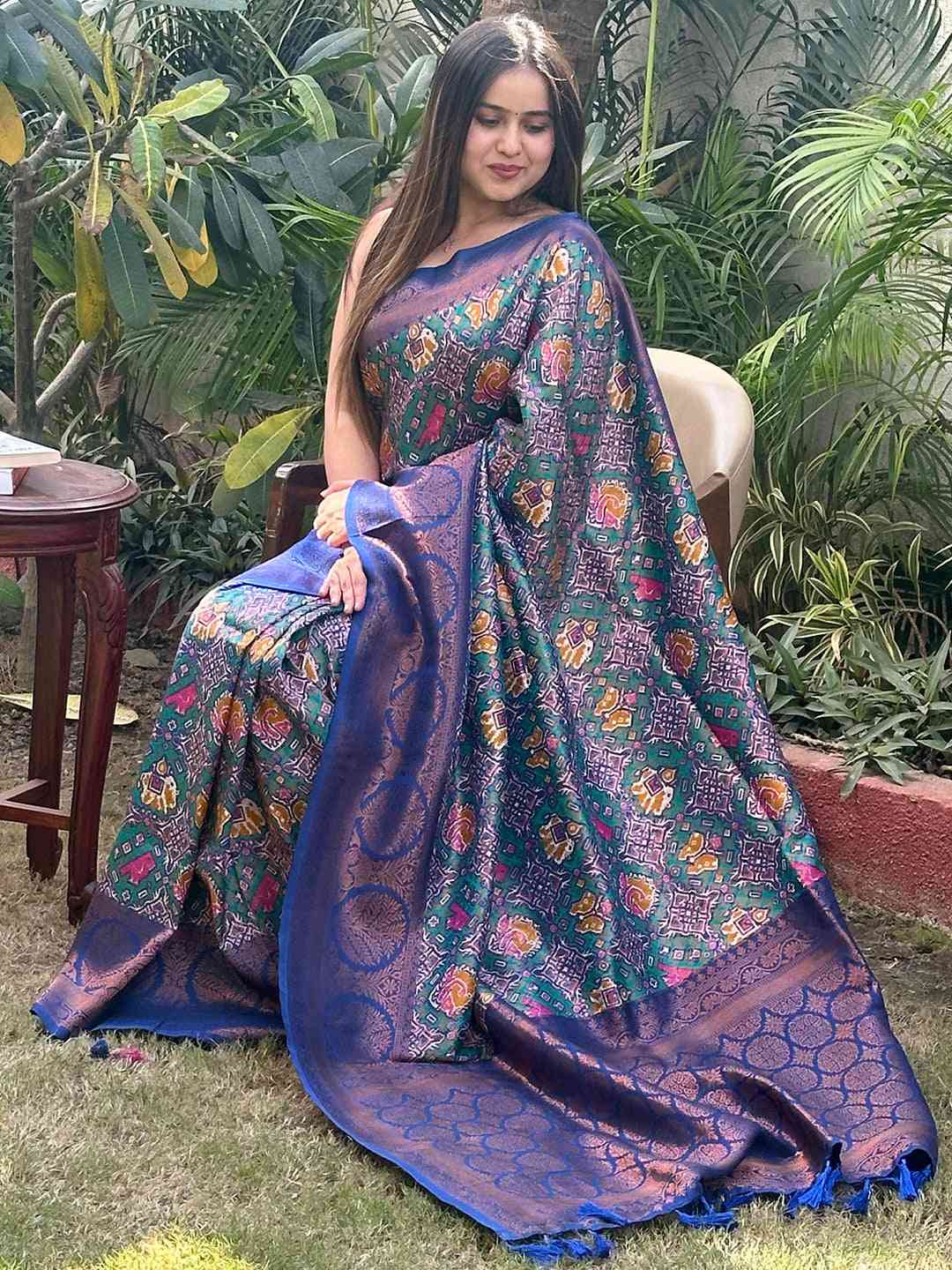 Teal Colour Dola Silk Saree With Gold And Silver Zari Work by My Store
