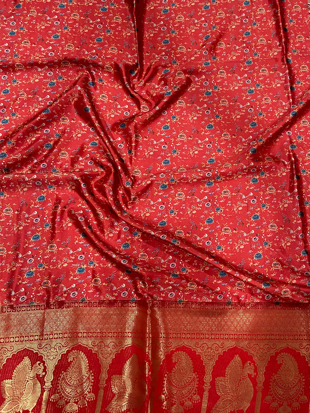 Ethereal Soft Cherry Satin Kalamkari Print Saree by My Store