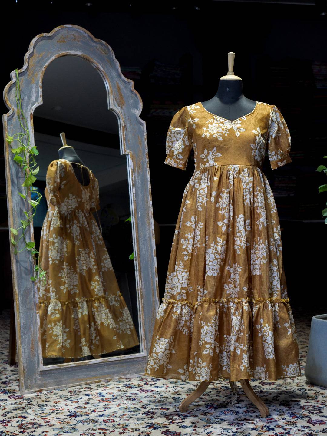 Honey Yellow Floral Midi Dress