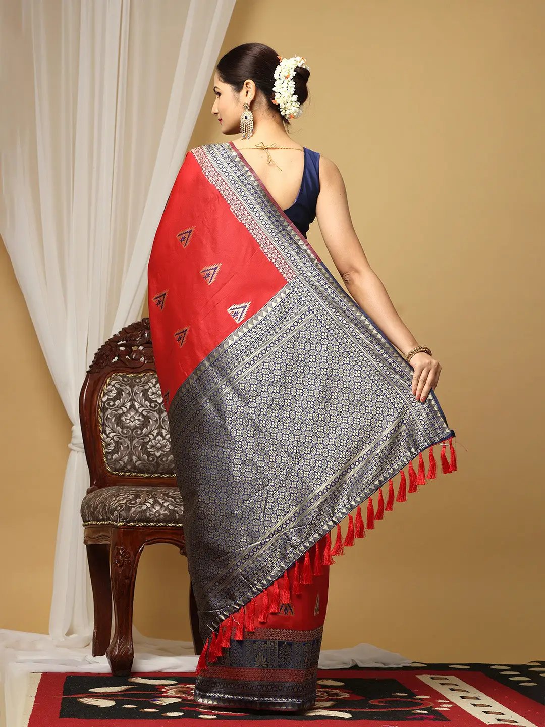 Red Banarasi Katan Silk Festive Wear Saree by My Store