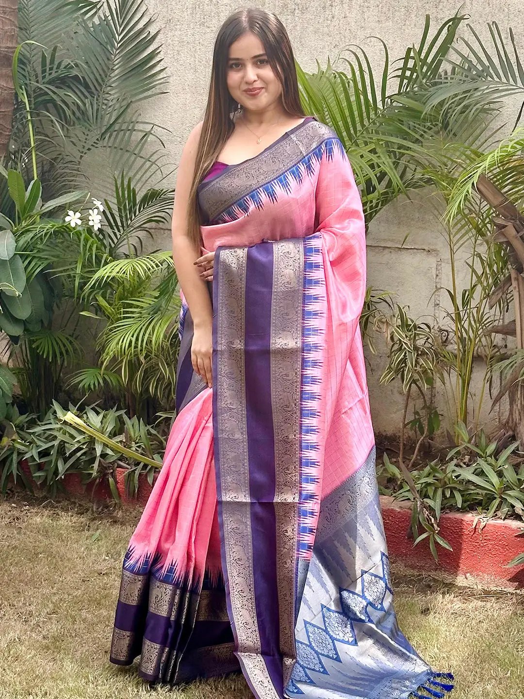 Soft Silk Saree With Gold Zari Chex Work by My Store