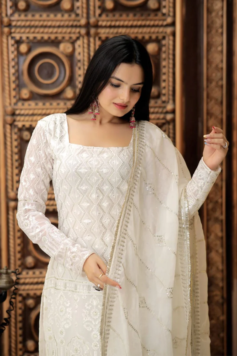 Party Wear Georgette White Sharara Suit