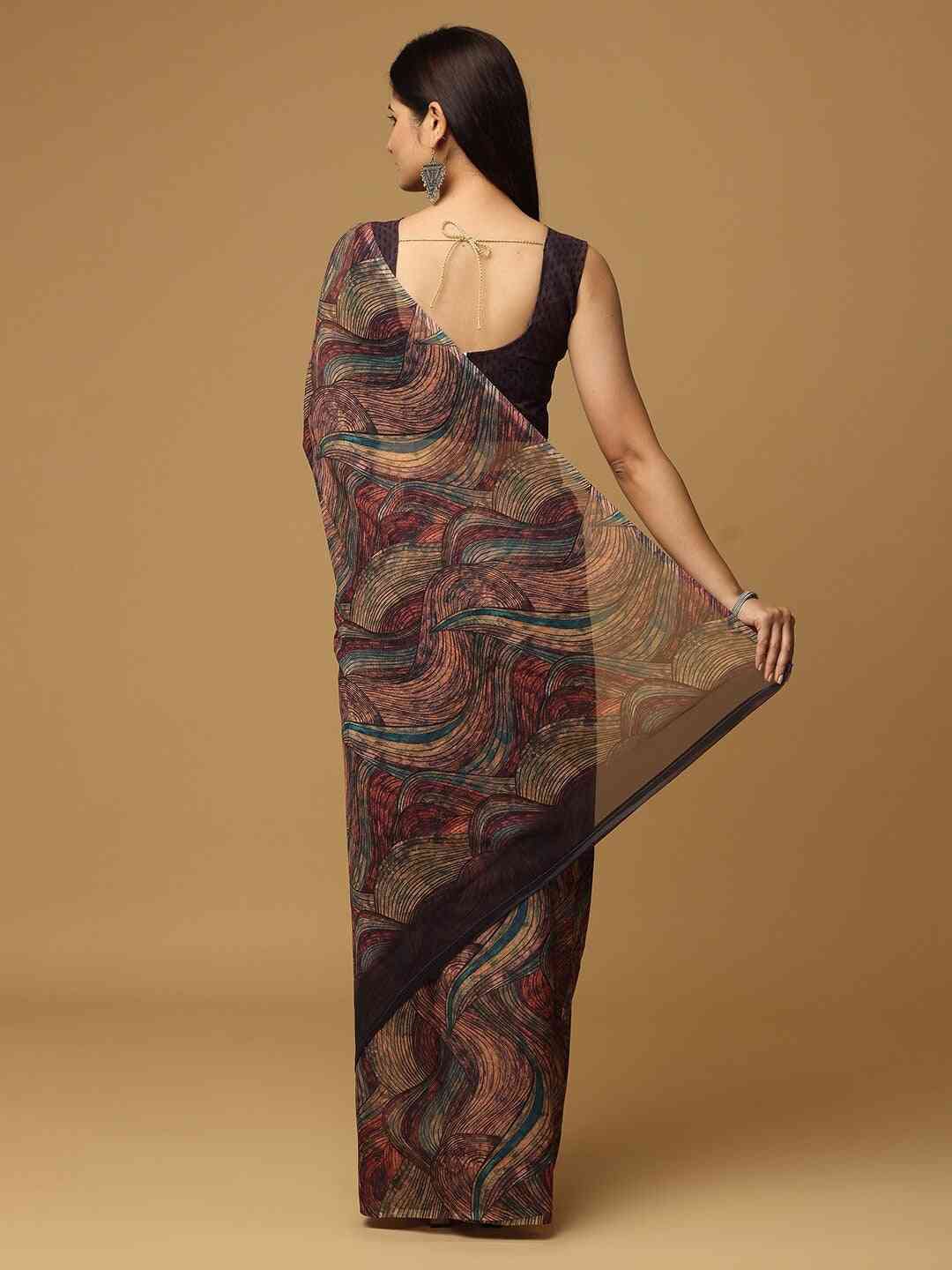 Geometric Printed Coffee Brown Poly Georgette Saree by My Store