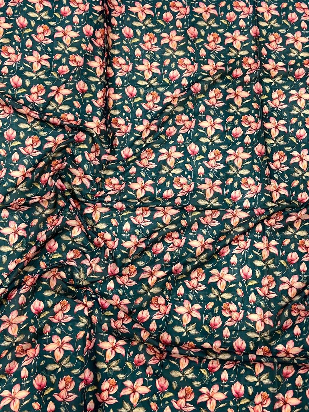 Teal Blue Crepe Silk Floral Saree by My Store