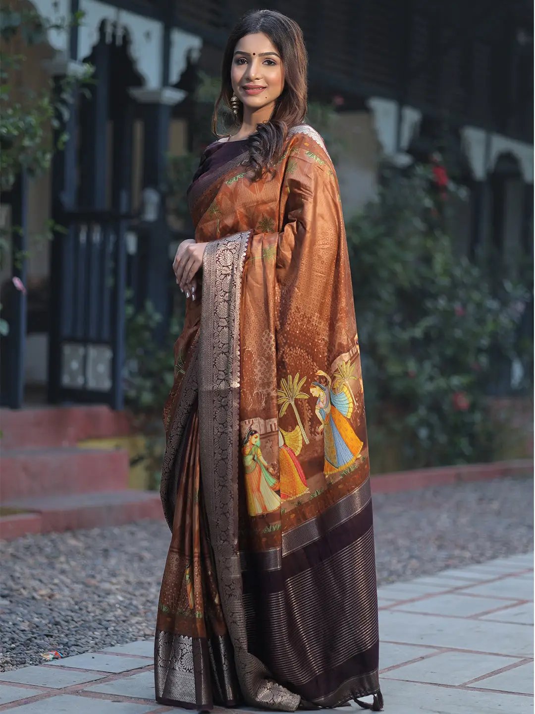 Coffee Brown Colour Pure Viscose Dola Silk Saree with Pichwai Kalamkari Print - Luxe