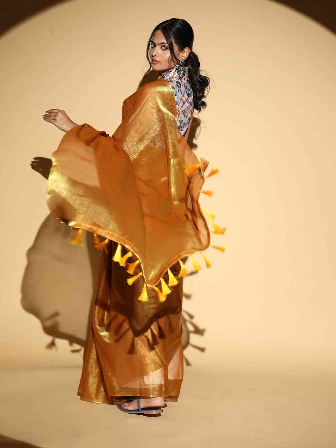 Gold Colour Chiffon Dual Tone Party Wear Design Saree by My Store