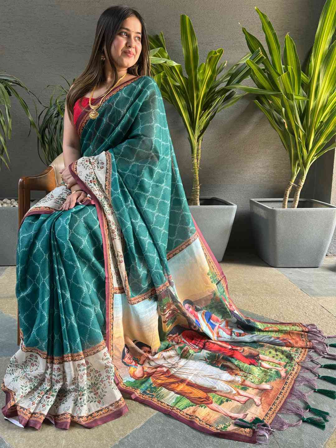 Teal Colour Ikkat Print Saree With kalamkari Block Print Design by My Store