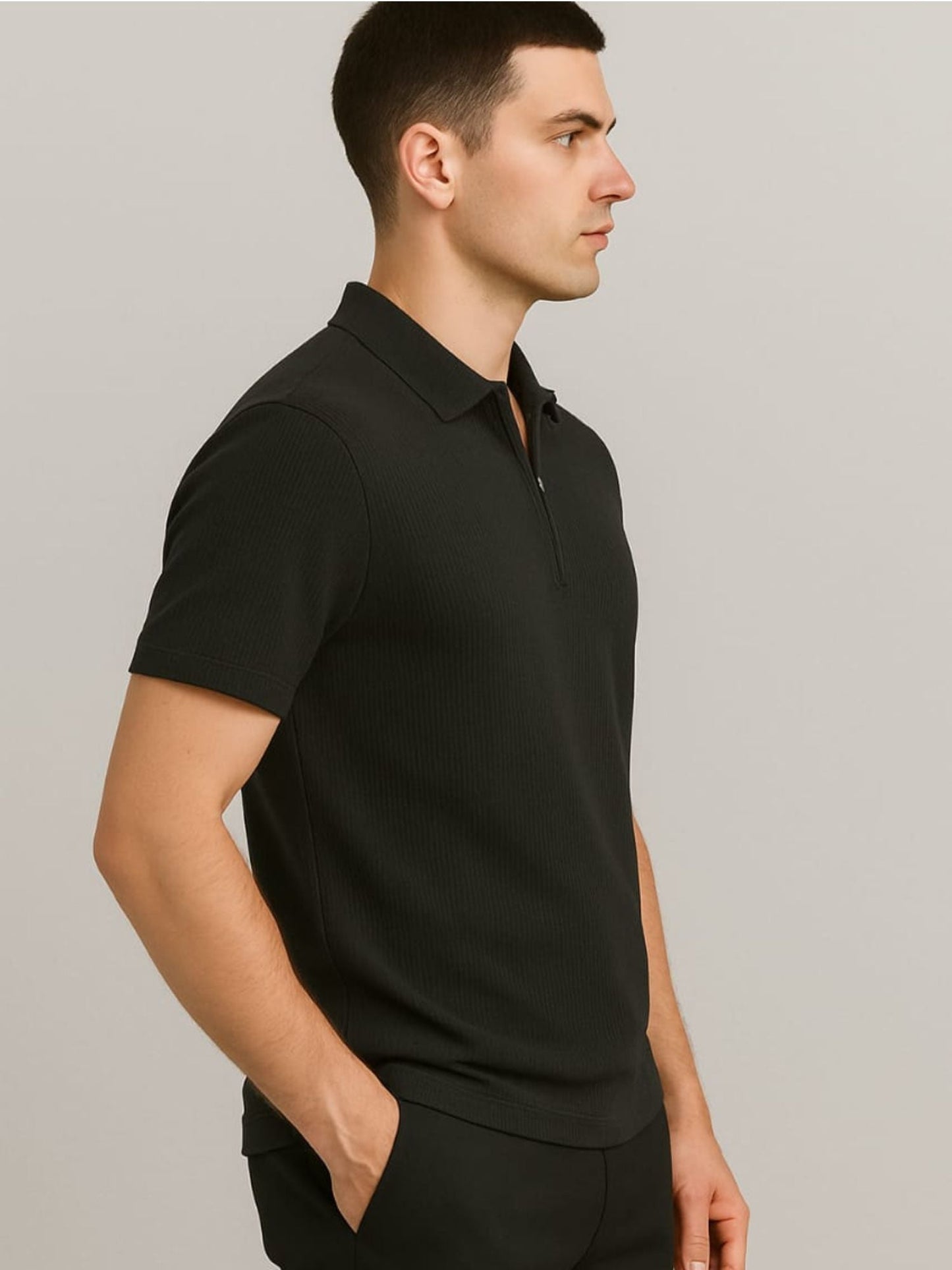 Crazy bee Polo Collar Neck Tshirt: Black textured vertical