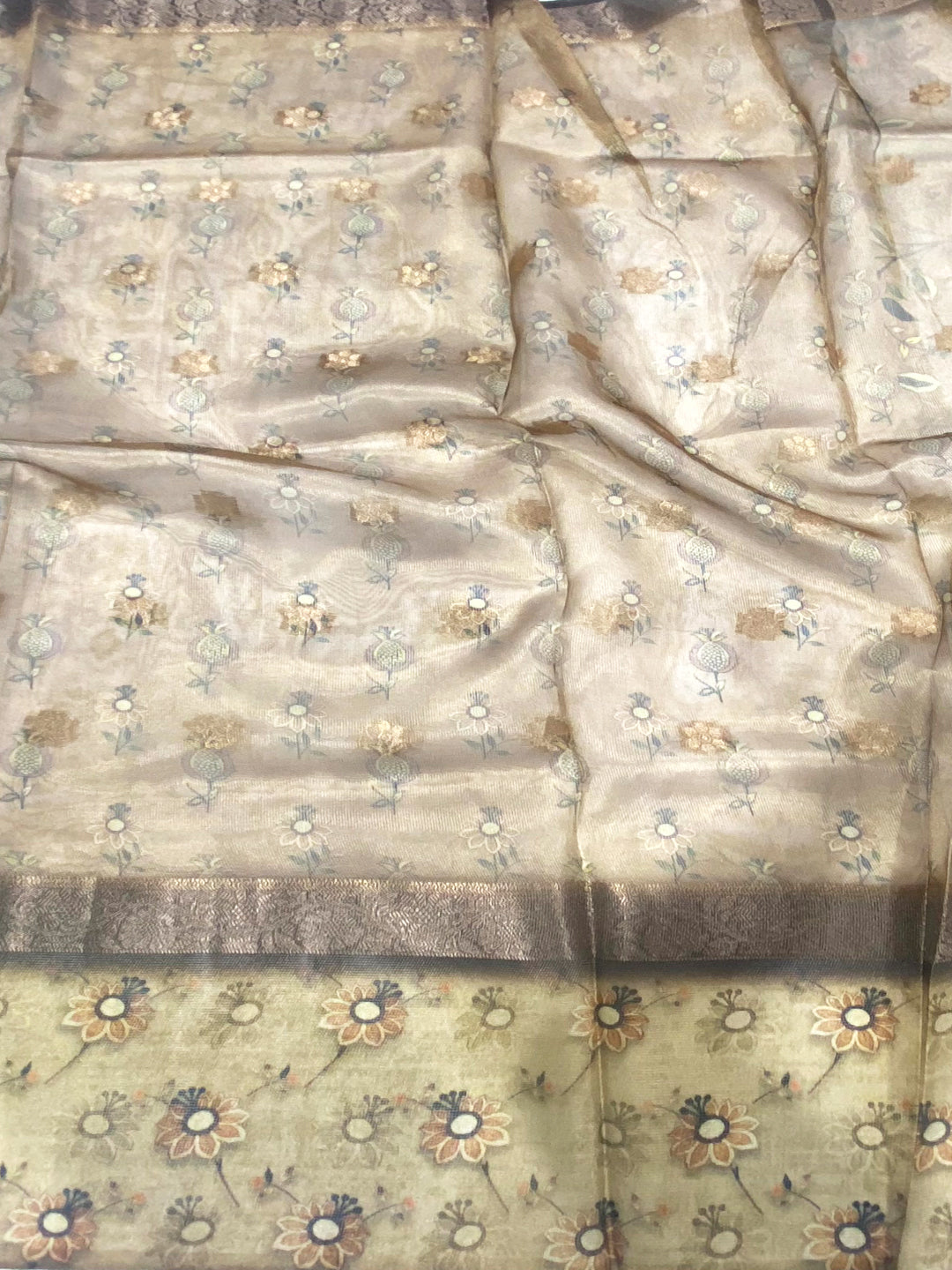 Light Pista Floral Satin Bentex Border Saree by My Store
