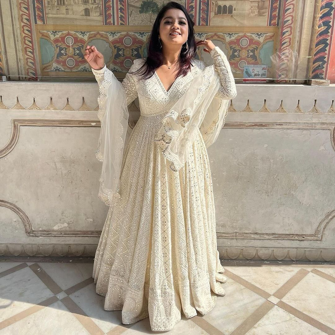 White Lakhnawi Embroidered Georgette Fully Stitched Long Anarkali Suit Set by My Store