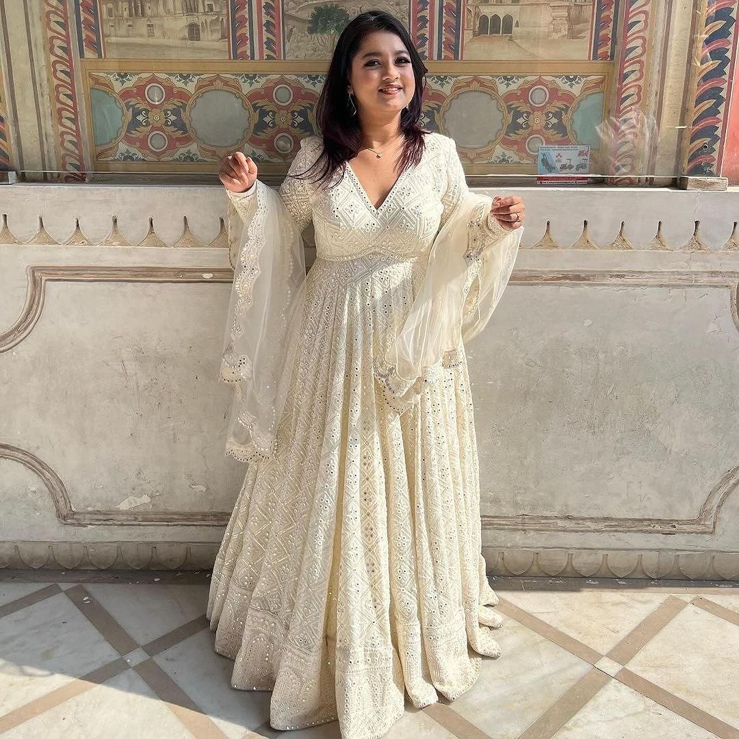 White Lakhnawi Embroidered Georgette Fully Stitched Long Anarkali Suit Set by My Store