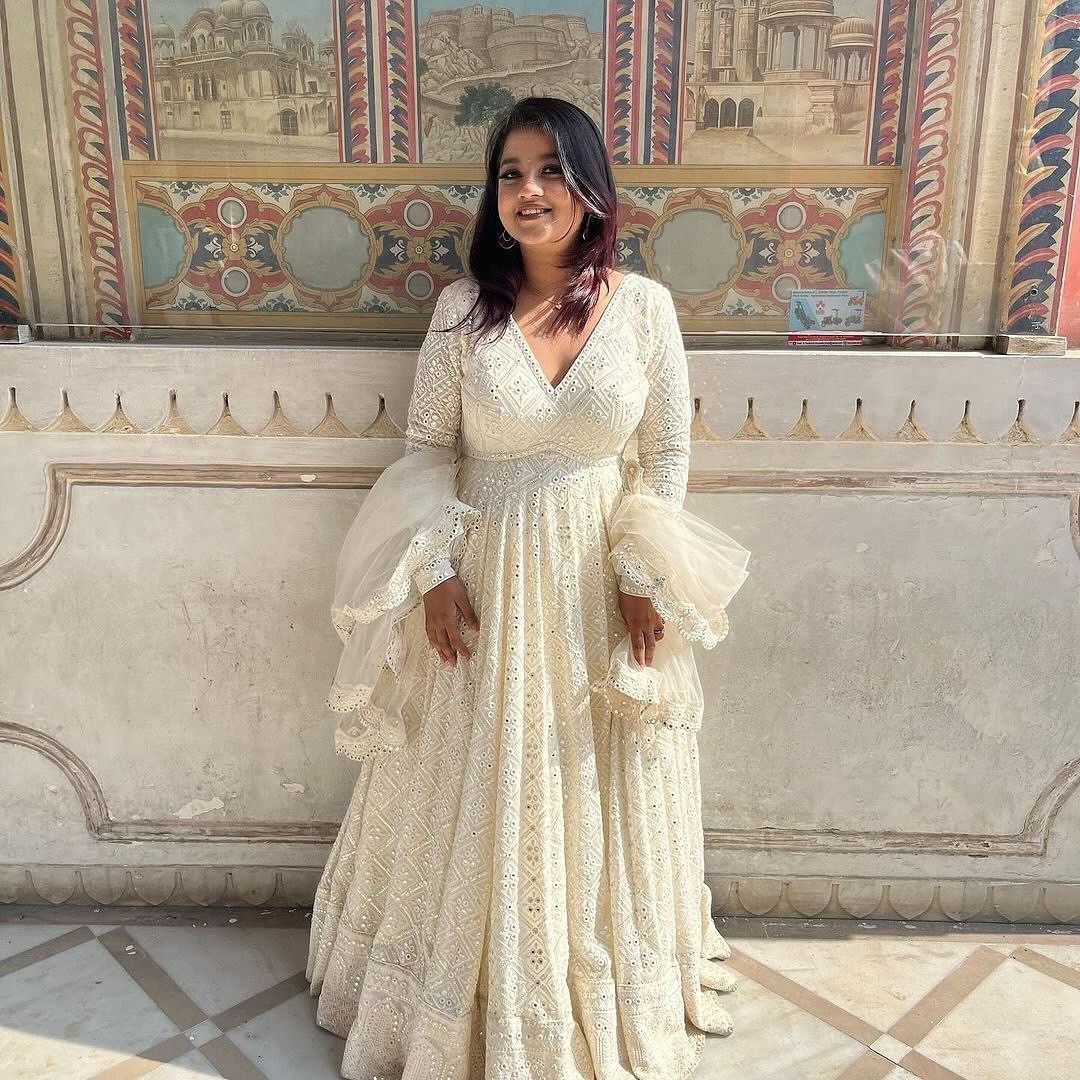 White Lakhnawi Embroidered Georgette Fully Stitched Long Anarkali Suit Set by My Store