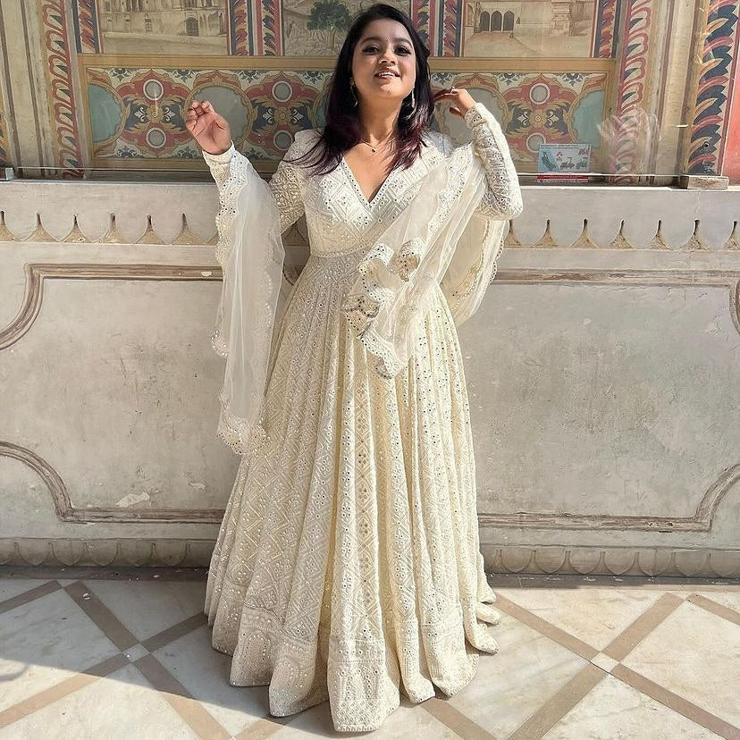 White Lakhnawi Embroidered Georgette Fully Stitched Long Anarkali Suit Set by My Store