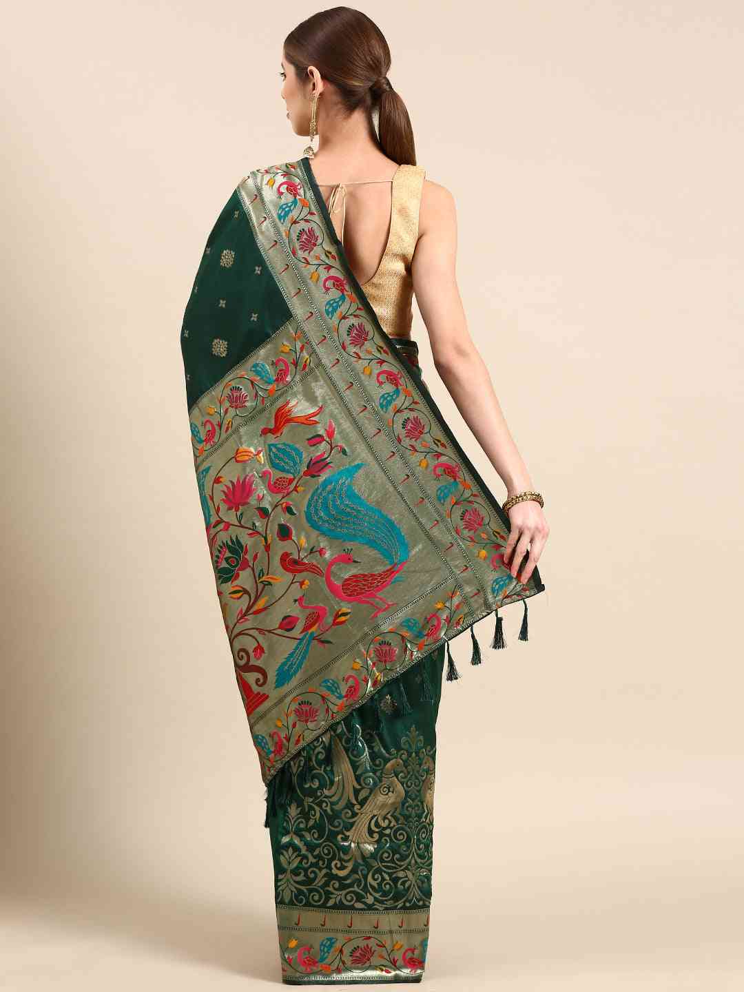 Yevla Paithani Minakari Work Silk Saree in Green Colour