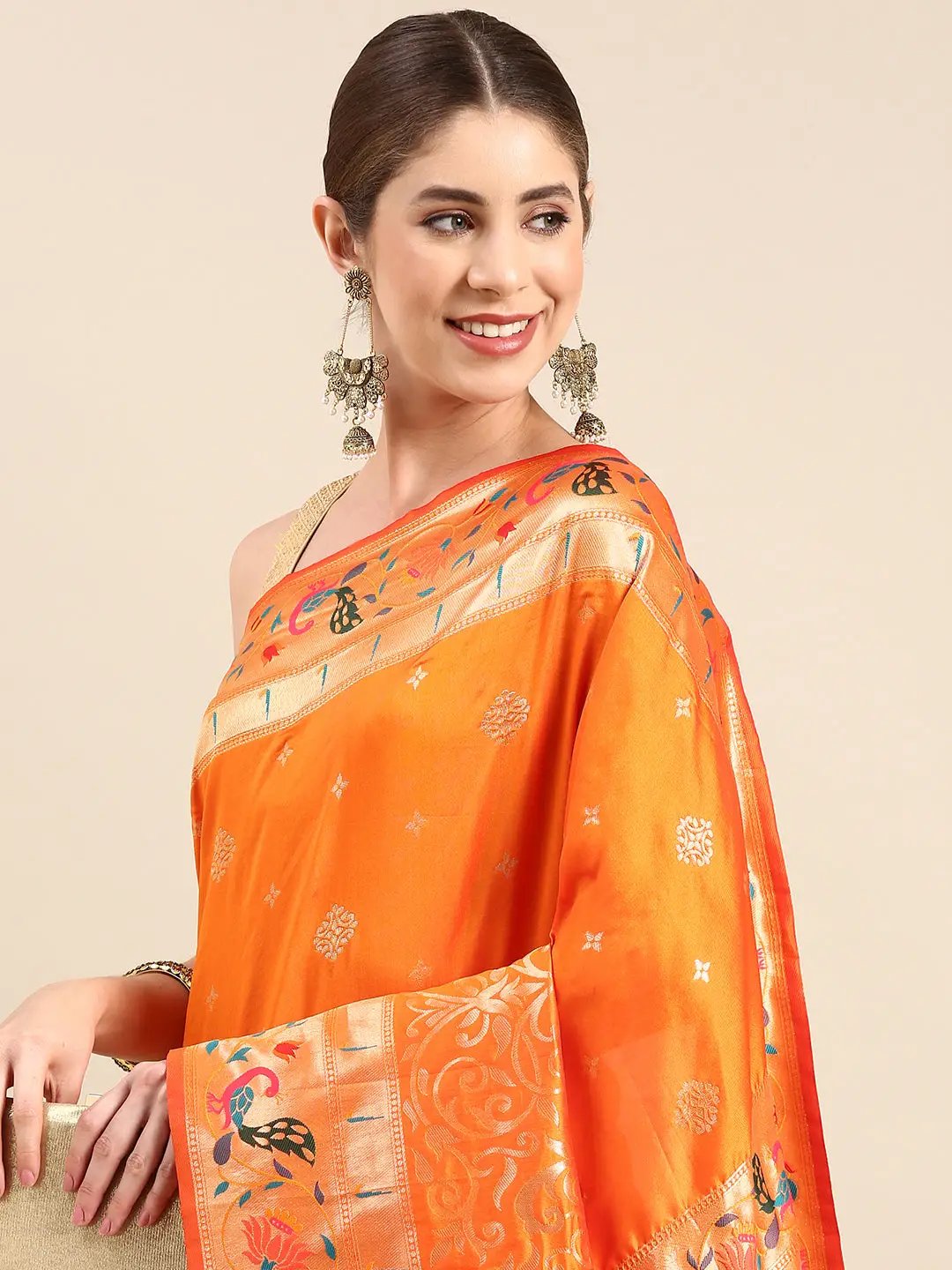 Yevla Paithani Minakari Work Silk Saree in Orange Colour