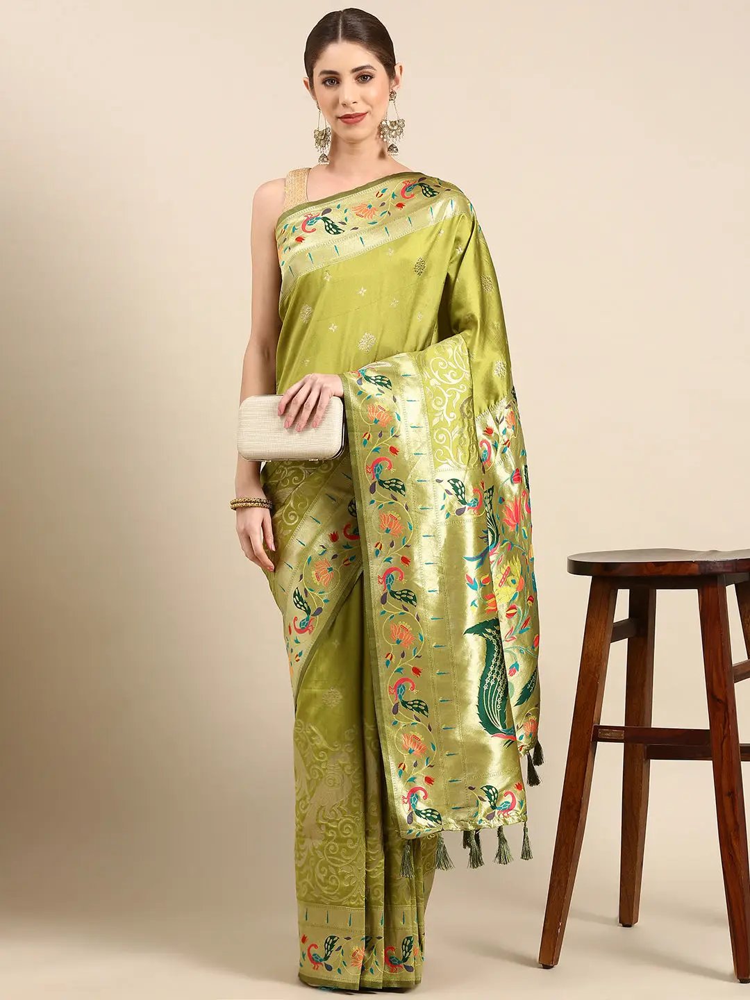 Pista Colour Yevla Paithani Minakari Work Silk Saree by My Store
