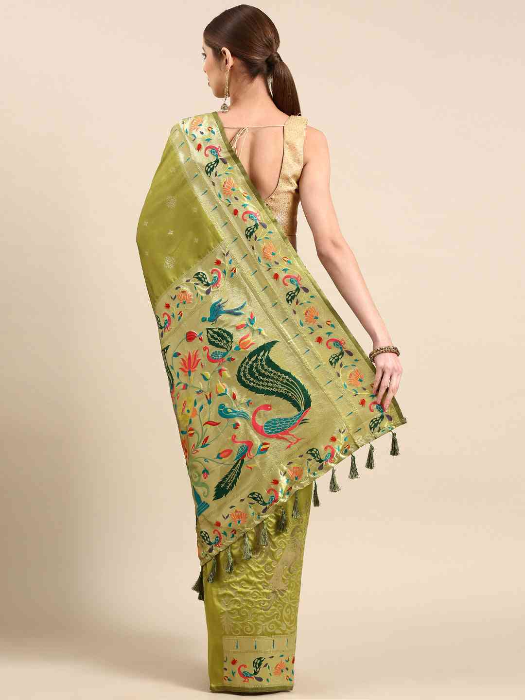 Pista Colour Yevla Paithani Minakari Work Silk Saree by My Store