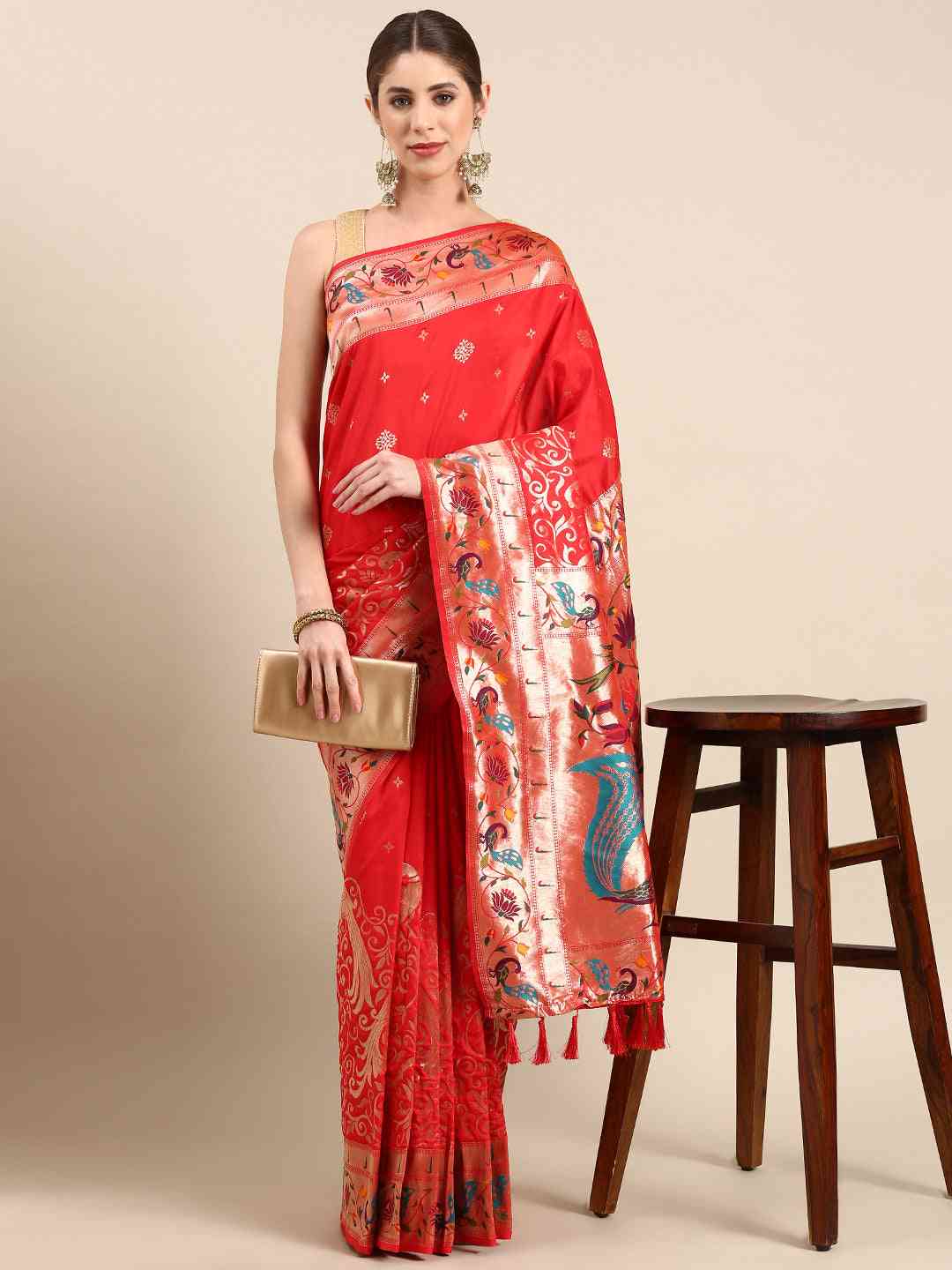 Red Colour Yevla Paithani Minakari Work Silk Saree by My Store