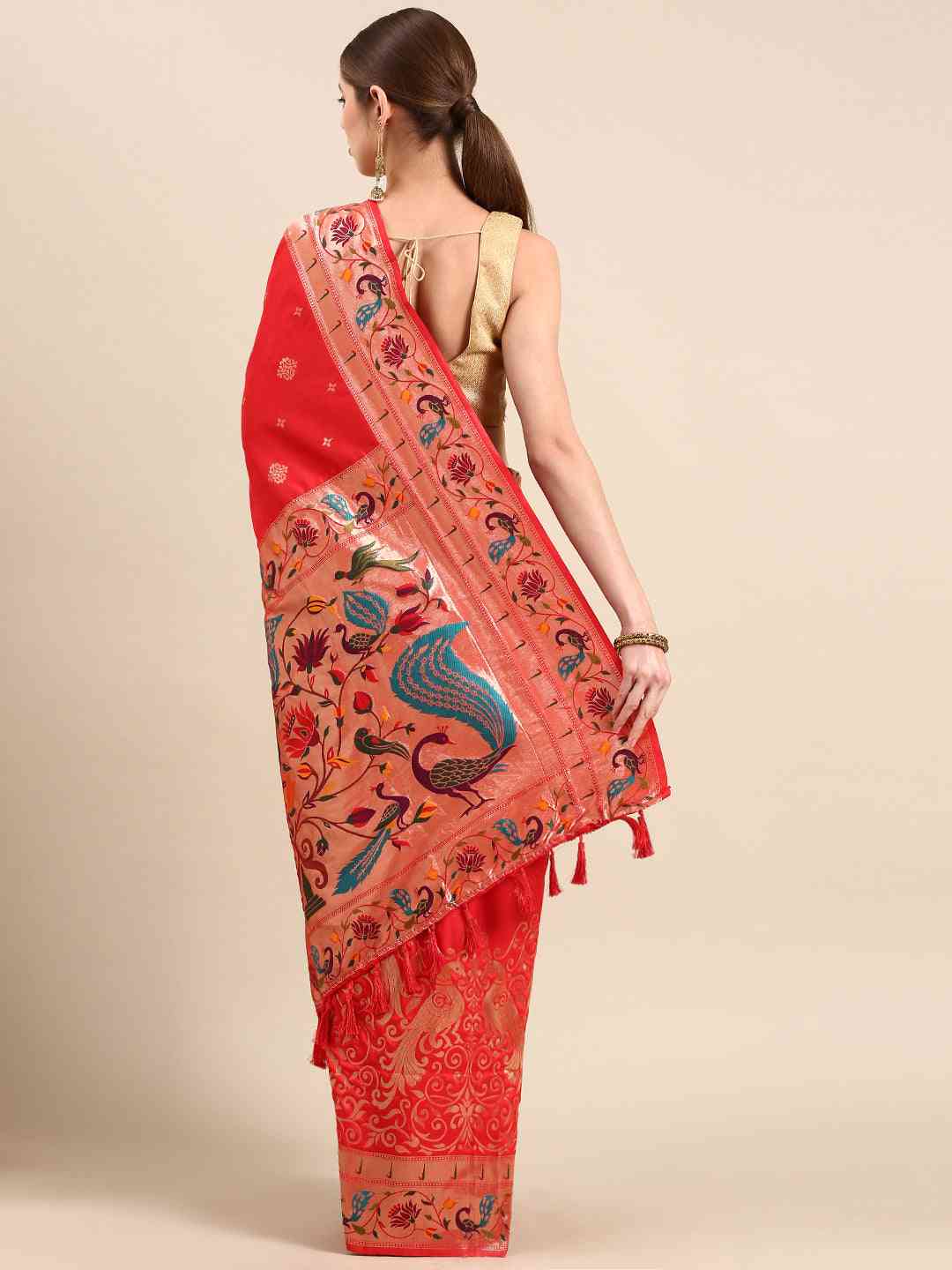 Red Colour Yevla Paithani Minakari Work Silk Saree by My Store