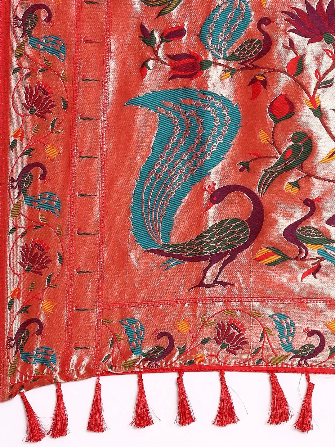 Red Colour Yevla Paithani Minakari Work Silk Saree by My Store