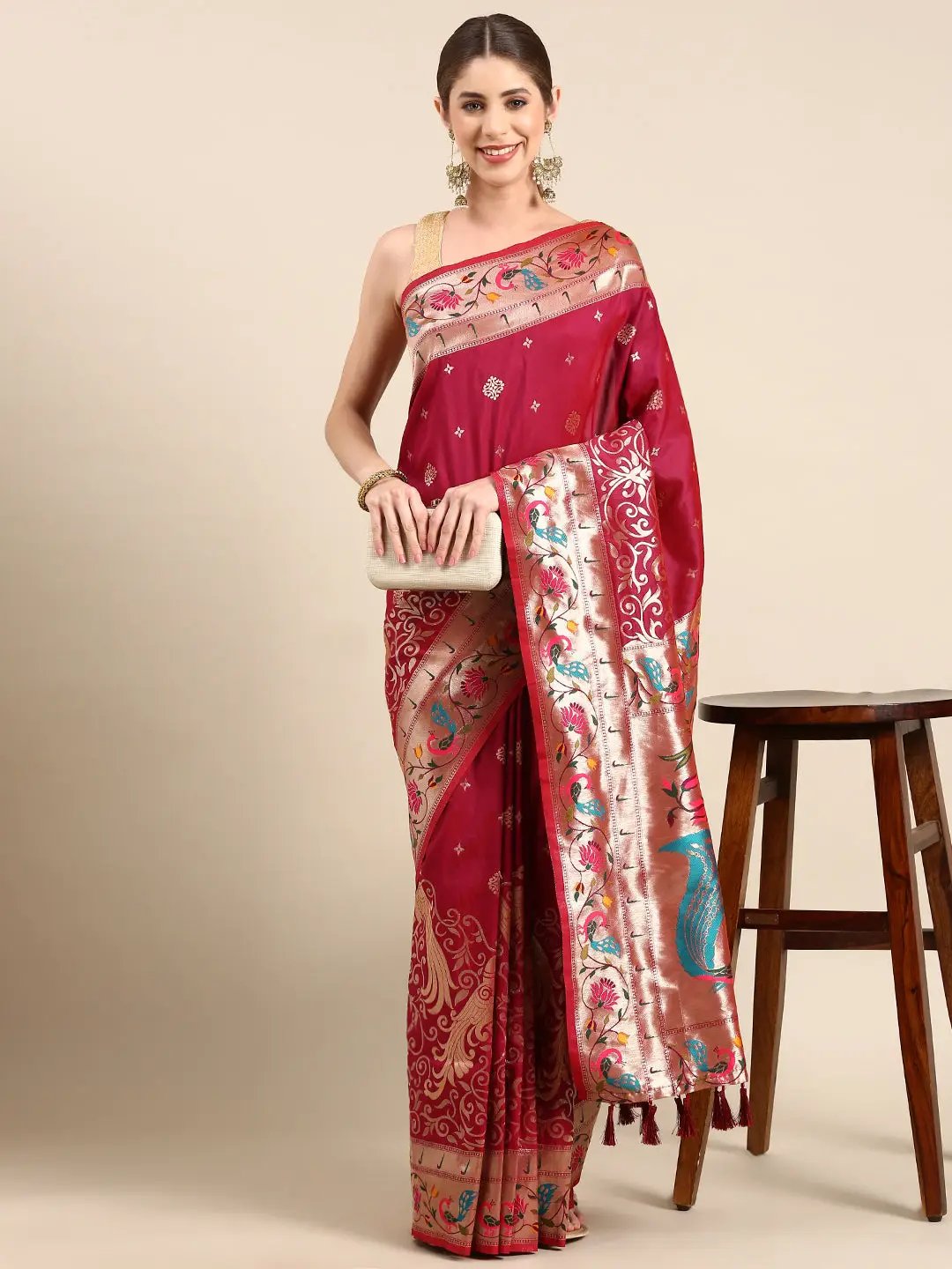 Exquisite Yevla Paithani Maroon Colour Minakari Work Silk Saree by My Store