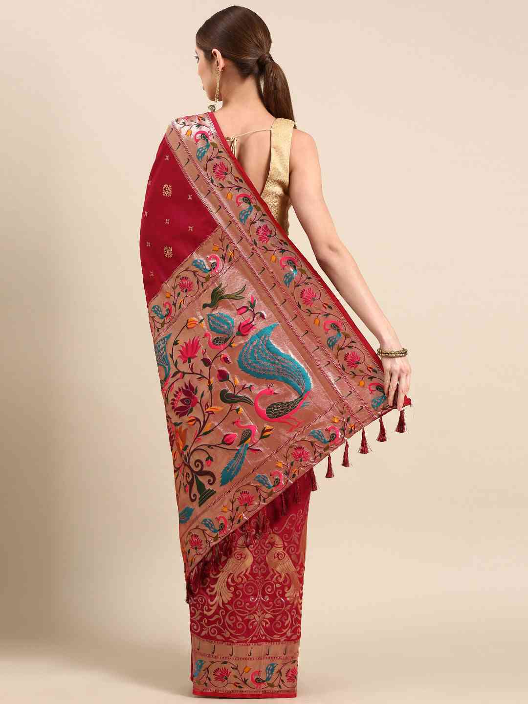 Exquisite Yevla Paithani Maroon Colour Minakari Work Silk Saree by My Store