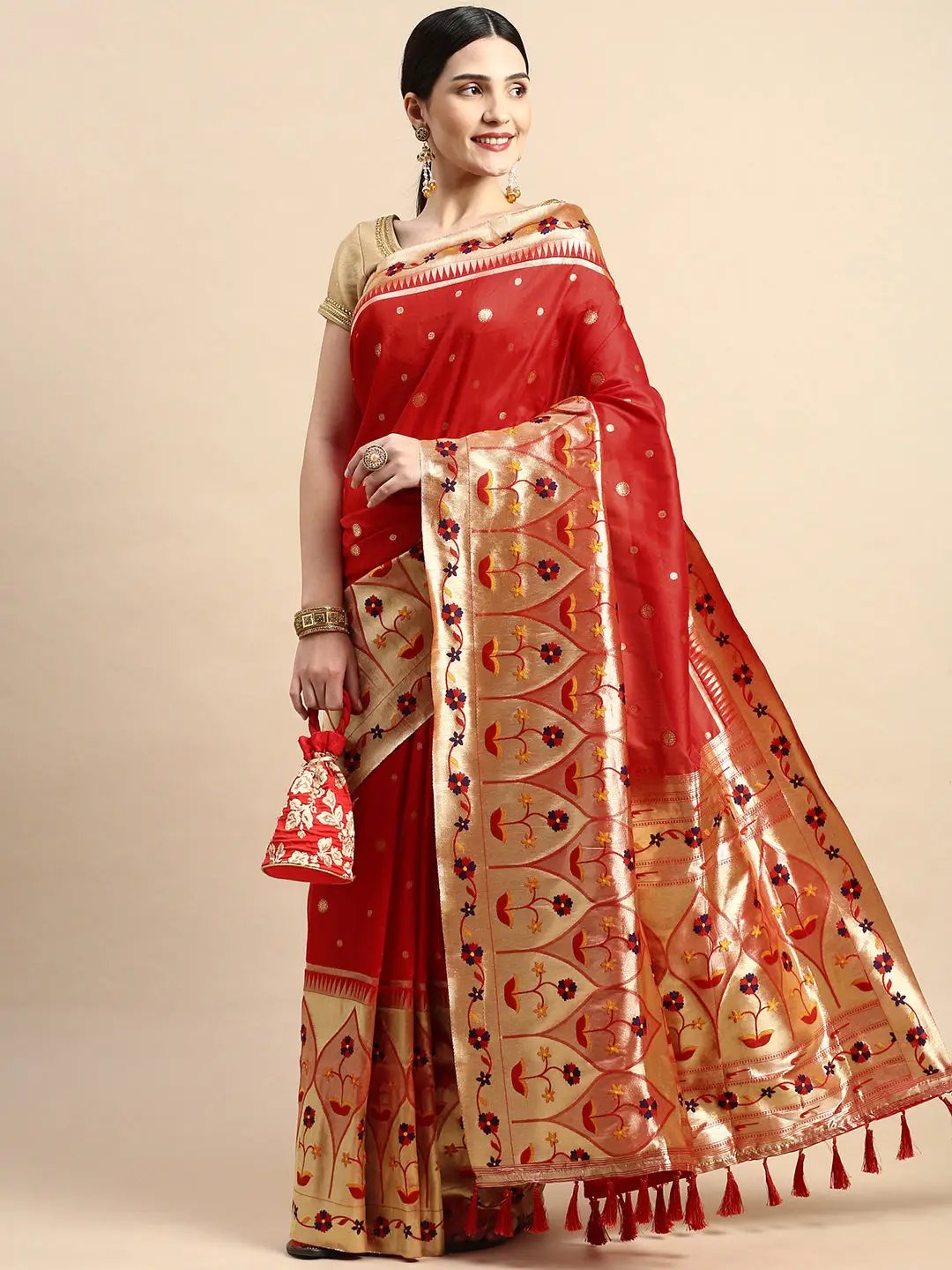 Exquisite Yevla Paithani Minakari Work Silk Saree in Red Colour by My Store