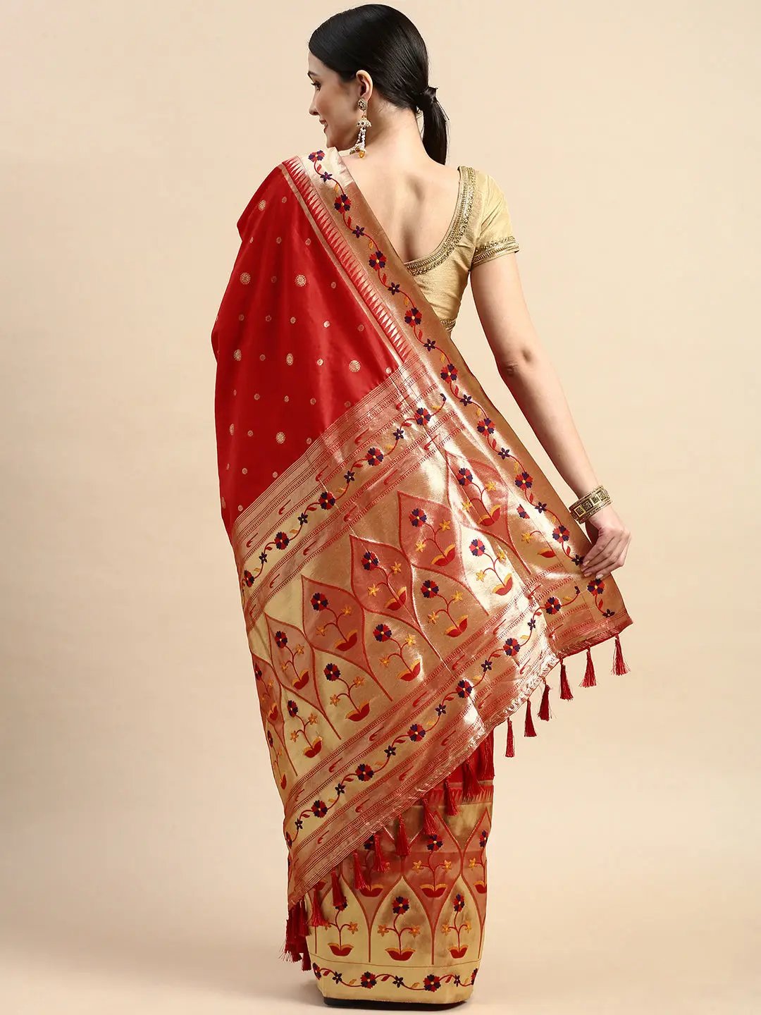 Exquisite Yevla Paithani Minakari Work Silk Saree in Red Colour by My Store