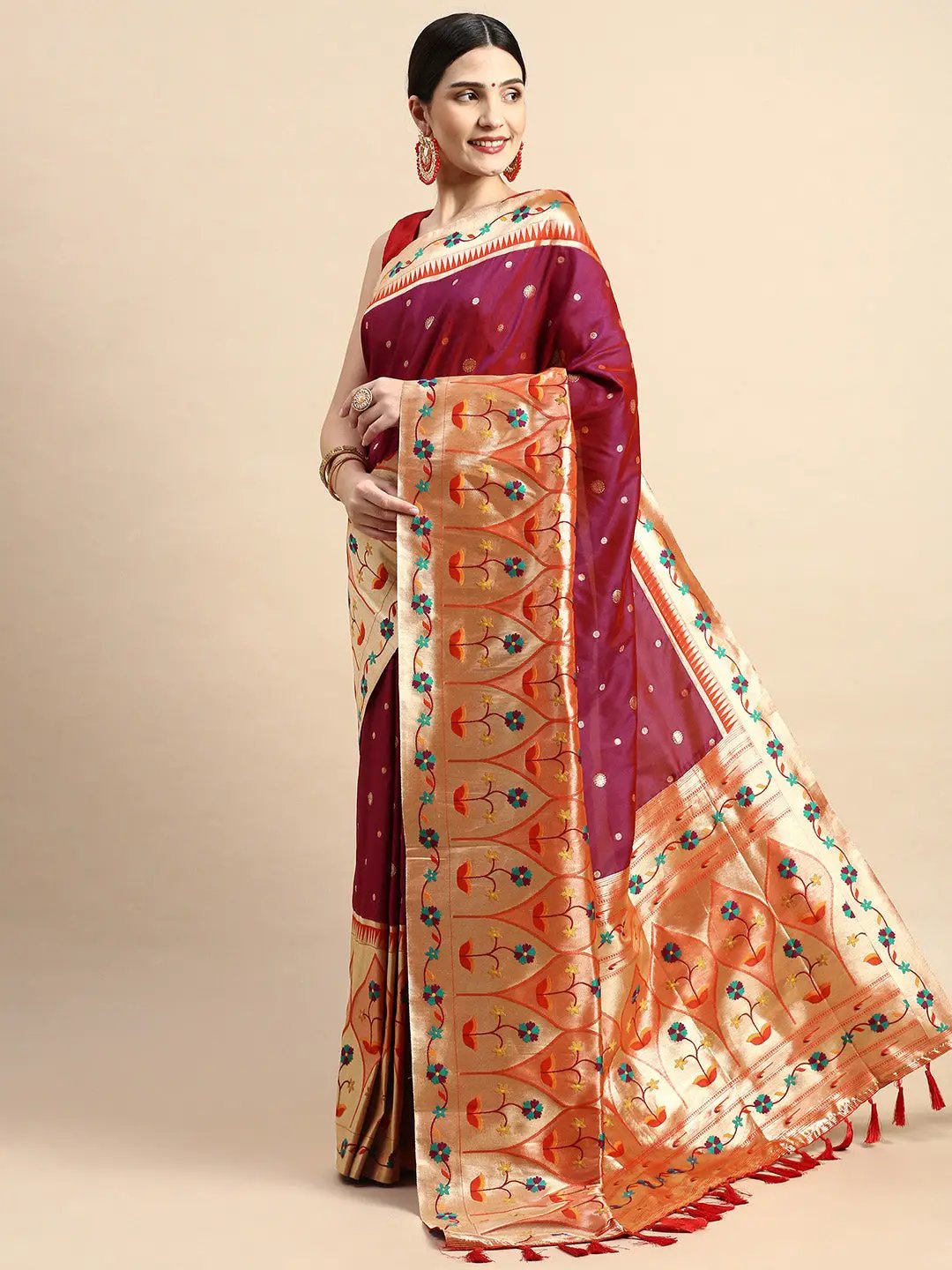 Exquisite Yevla Paithani Minakari Work Silk Saree in Maroon Colour by My Store