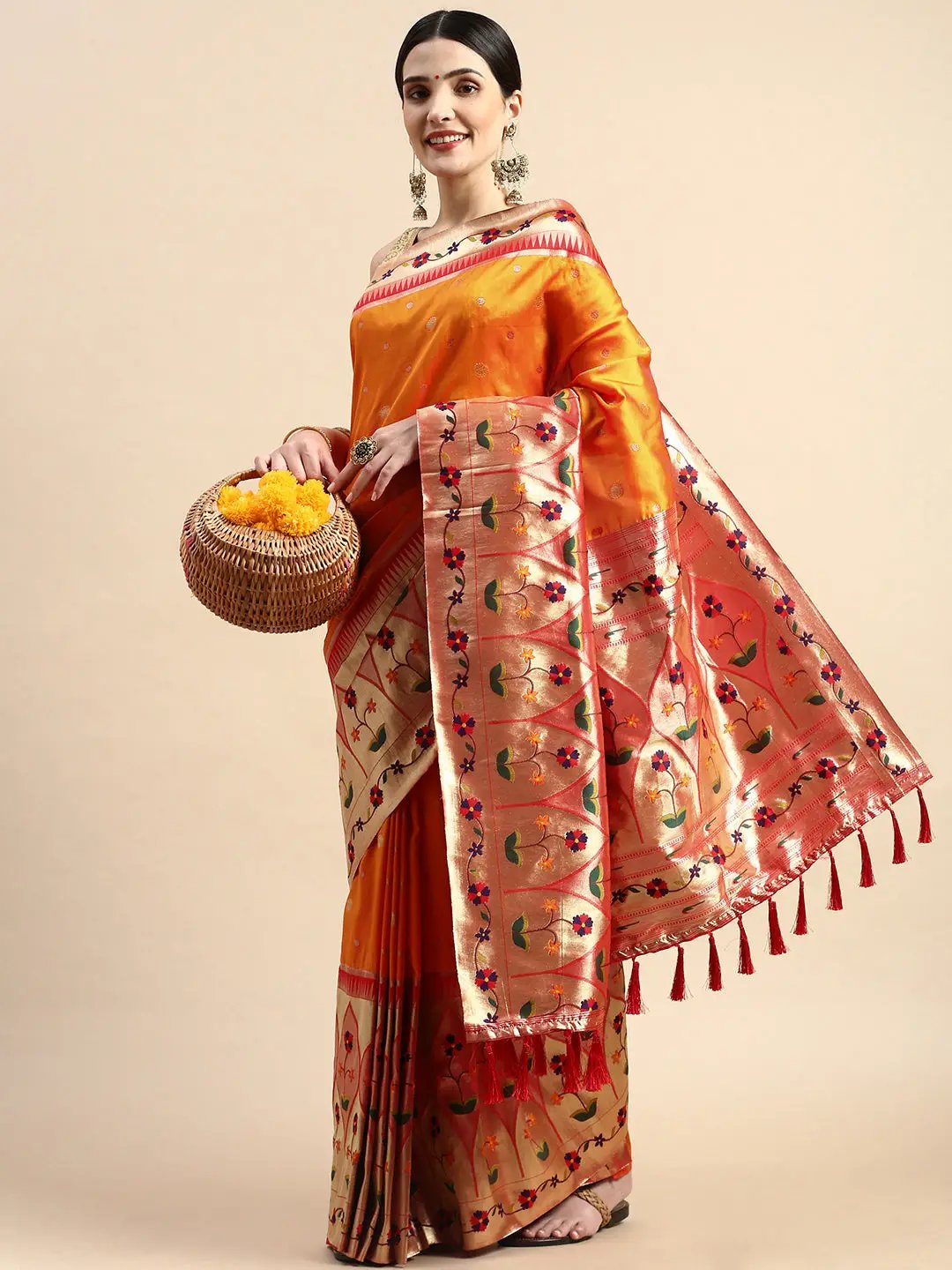 Exquisite Yevla Paithani Minakari Work Silk Saree in Orange Colour by My Store