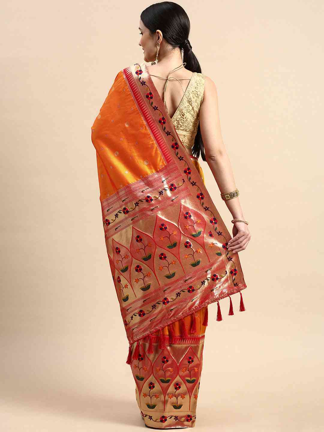 Exquisite Yevla Paithani Minakari Work Silk Saree in Orange Colour by My Store