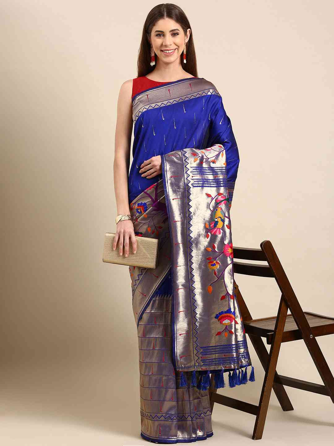 Royal Blue Colour Yevla Paithani Minakari Work Silk Saree by My Store