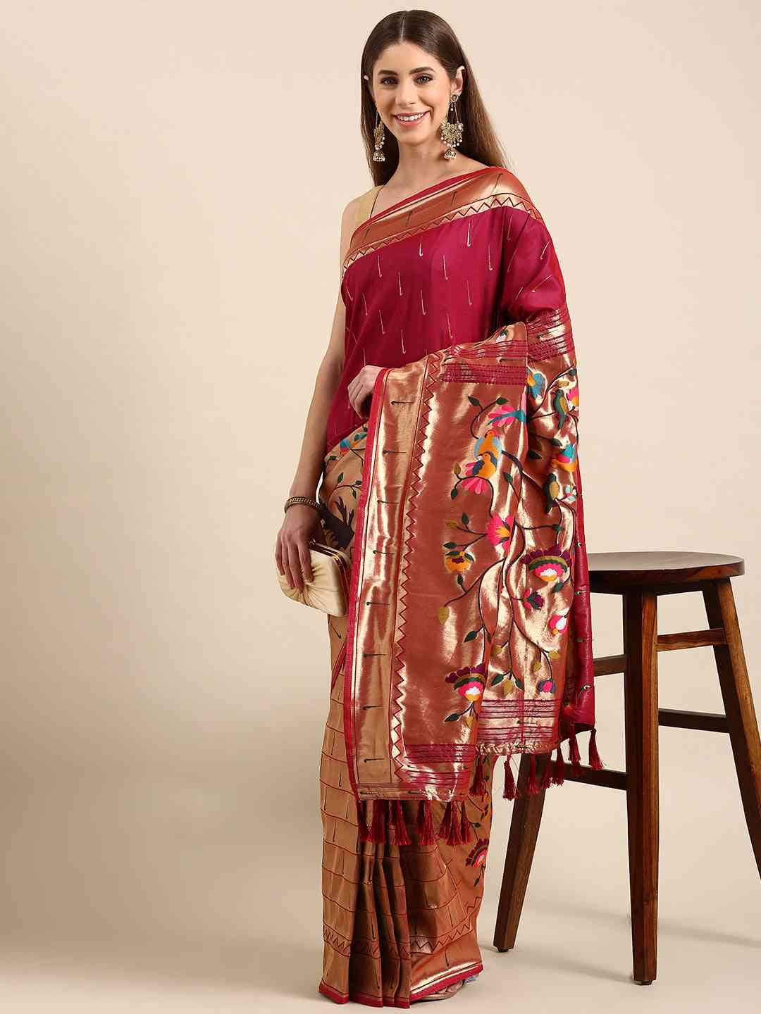 Exquisite Yevla Paithani Minakari Work Silk Saree in Burgundy Colour by My Store