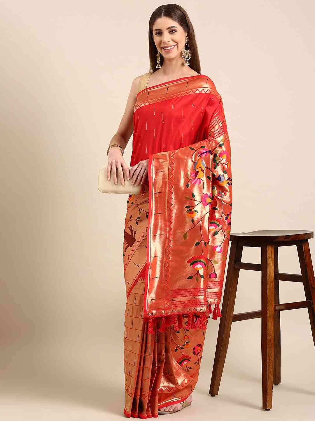 Yevla Paithani Meenakari Work Silk Saree in Red Colour