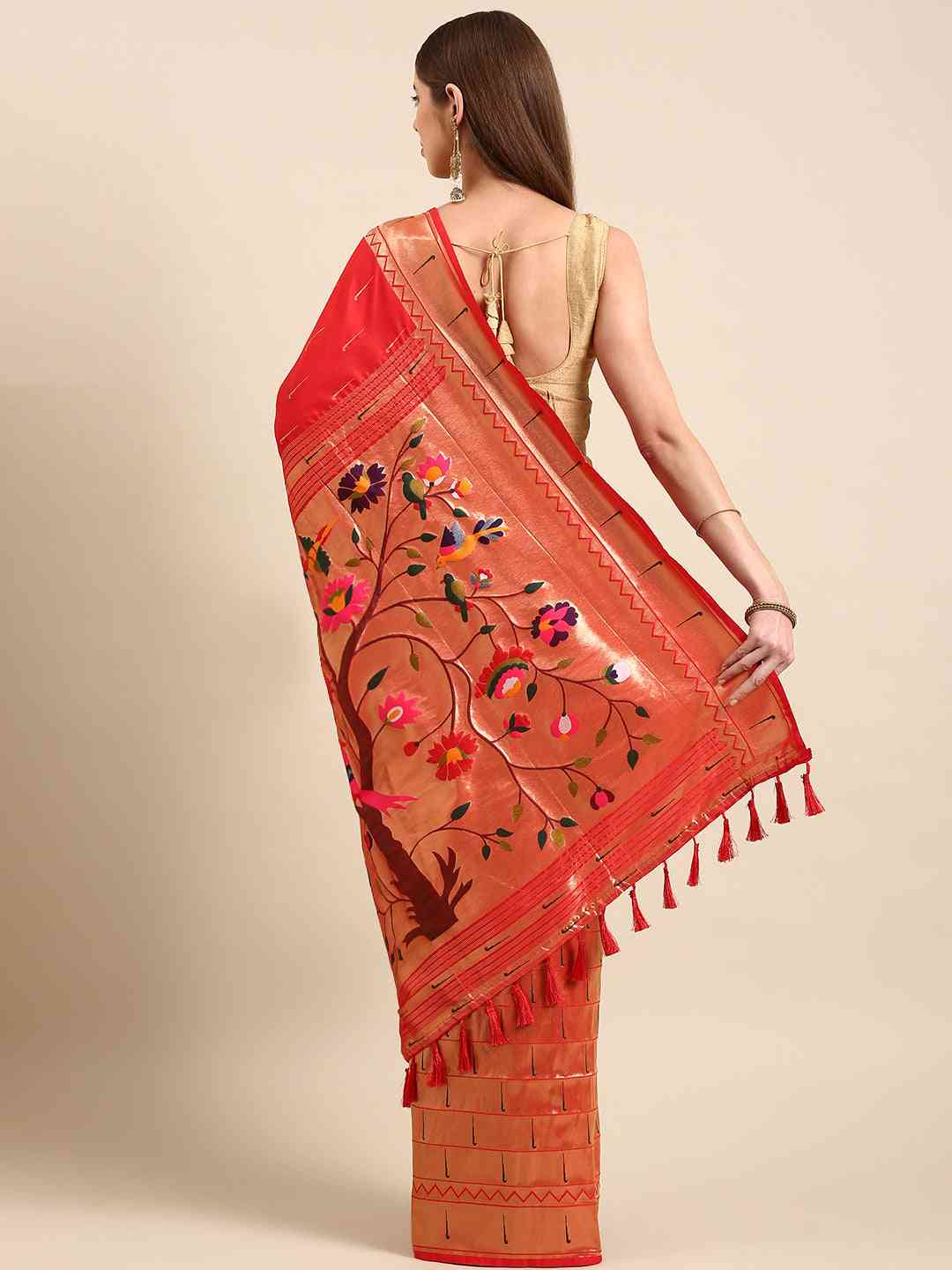 Yevla Paithani Meenakari Work Silk Saree in Red Colour