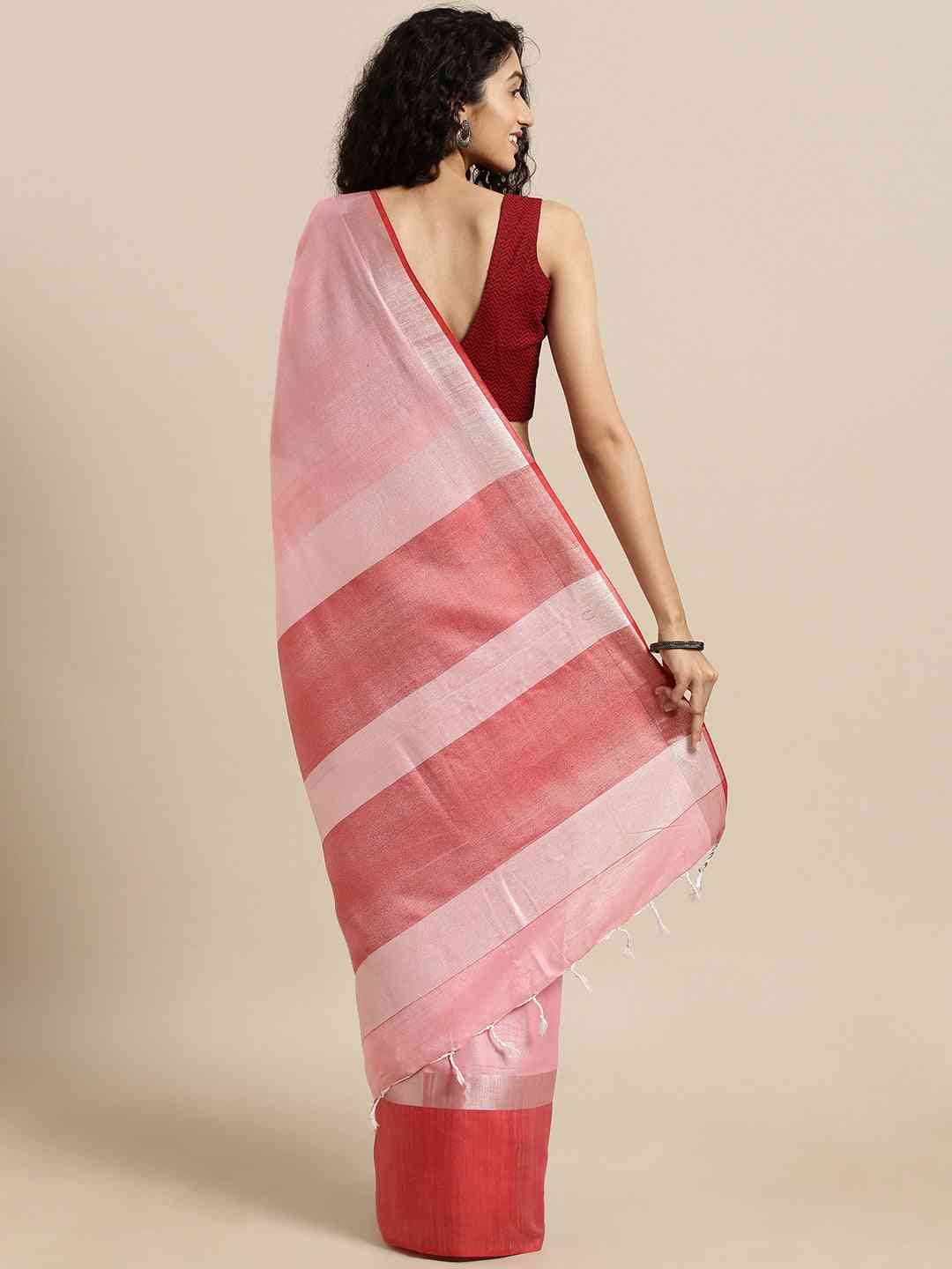 Elegant Red Colour Solid Linen Blend Saree by My Store