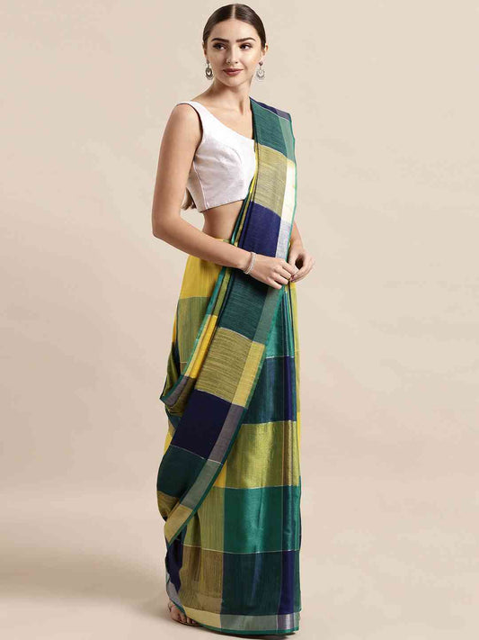 Linen Blend Checked Saree in Green Colour by My Store