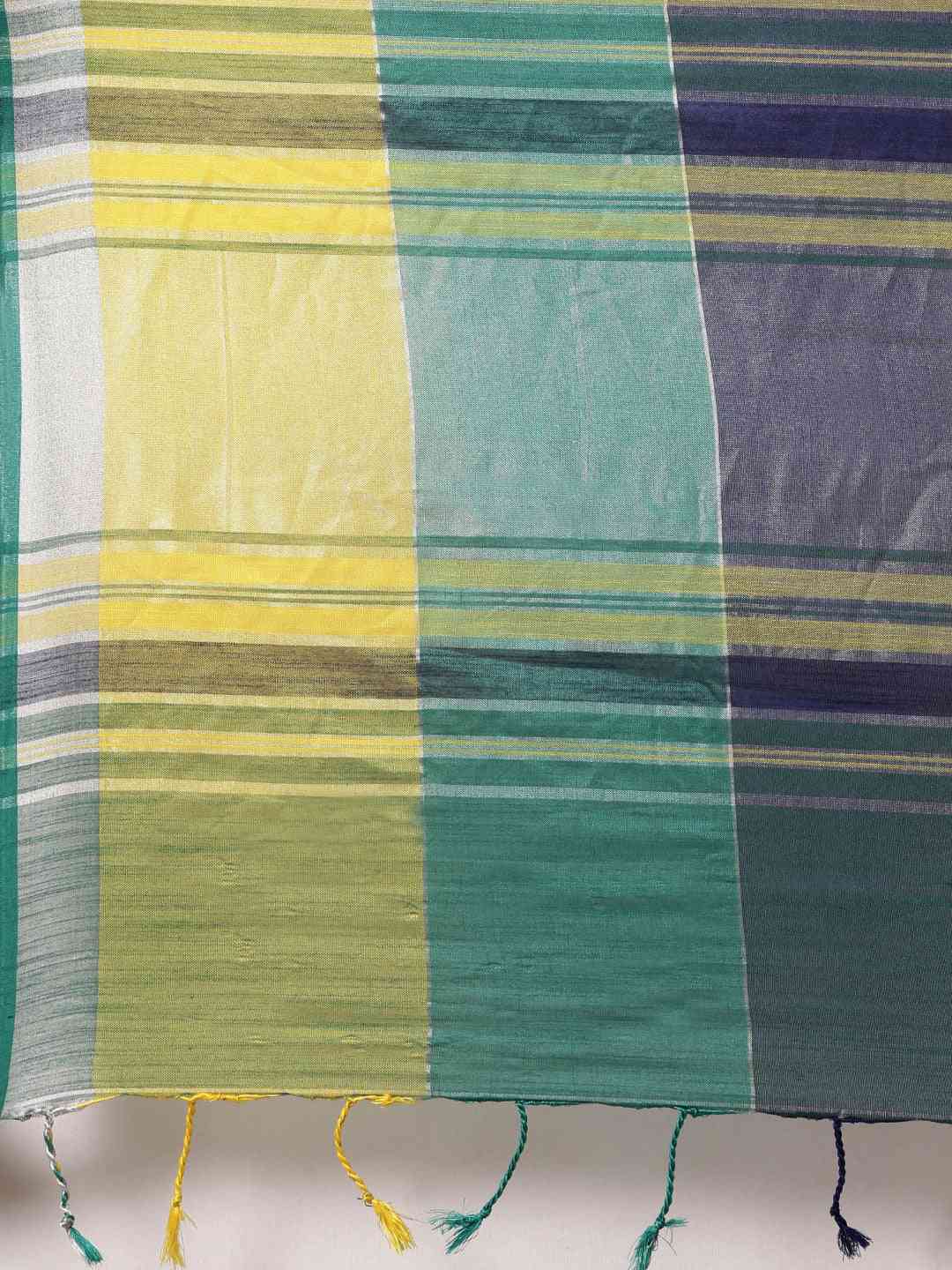 Linen Blend Checked Saree in Green Colour by My Store