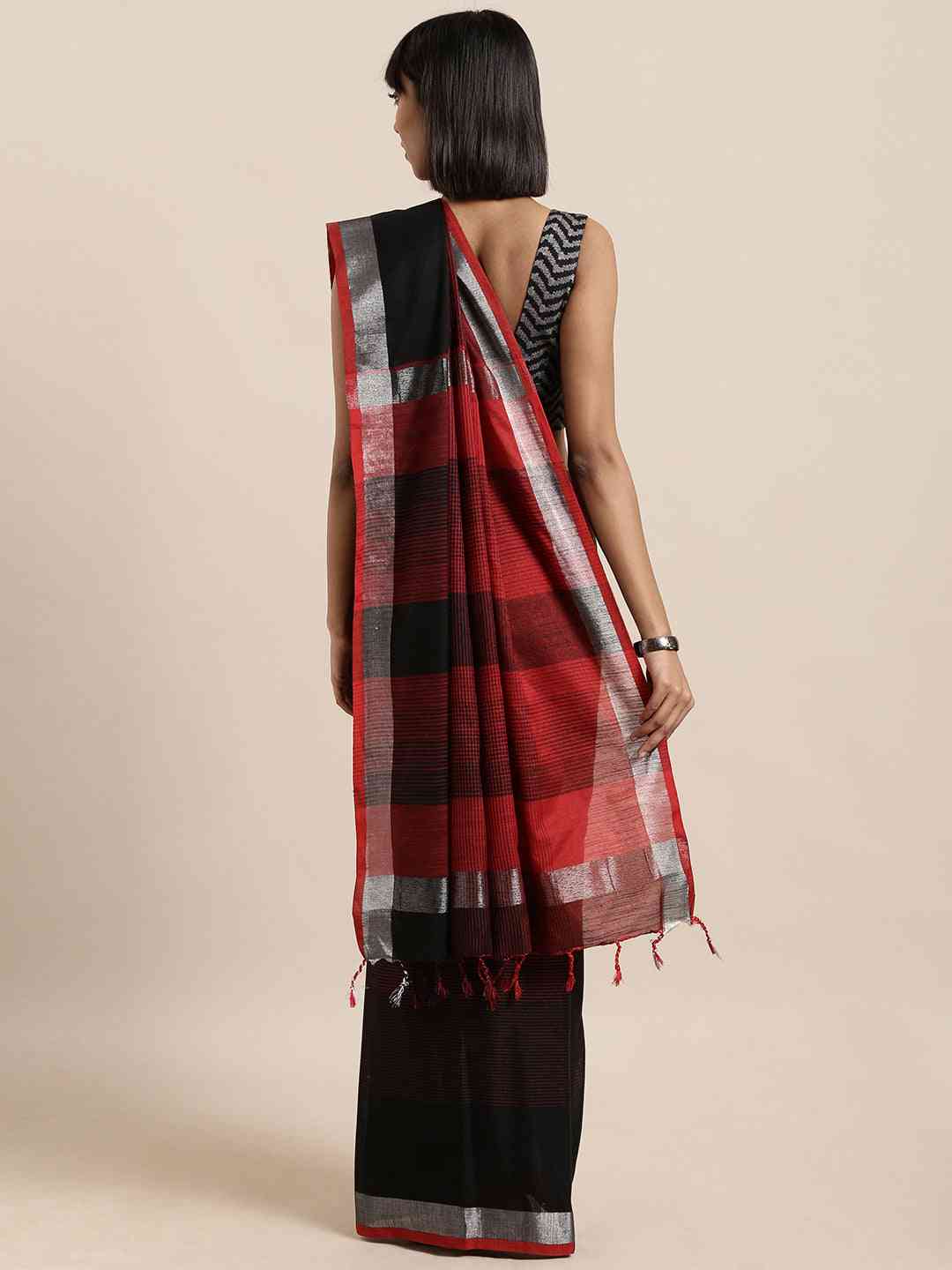 Black Colour Stylish Striped Linen Blend Saree