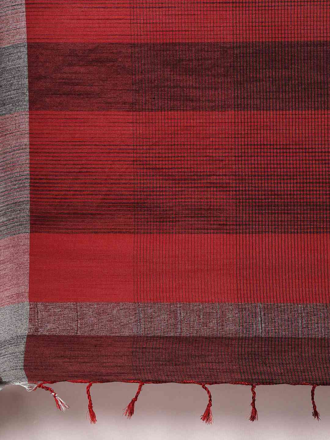 Black Colour Stylish Striped Linen Blend Saree