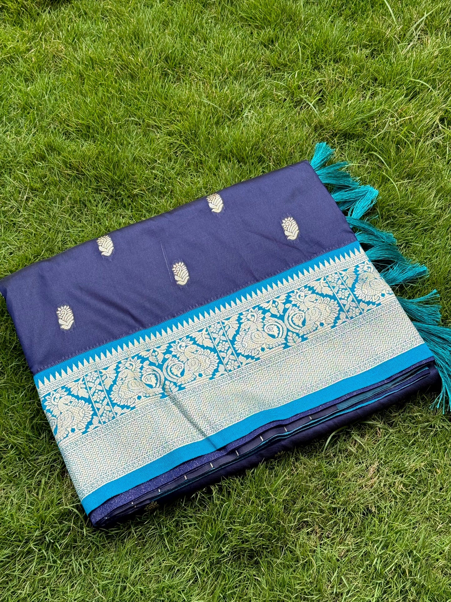 Navy Blue Soft Silk Minakari Work Saree by My Store