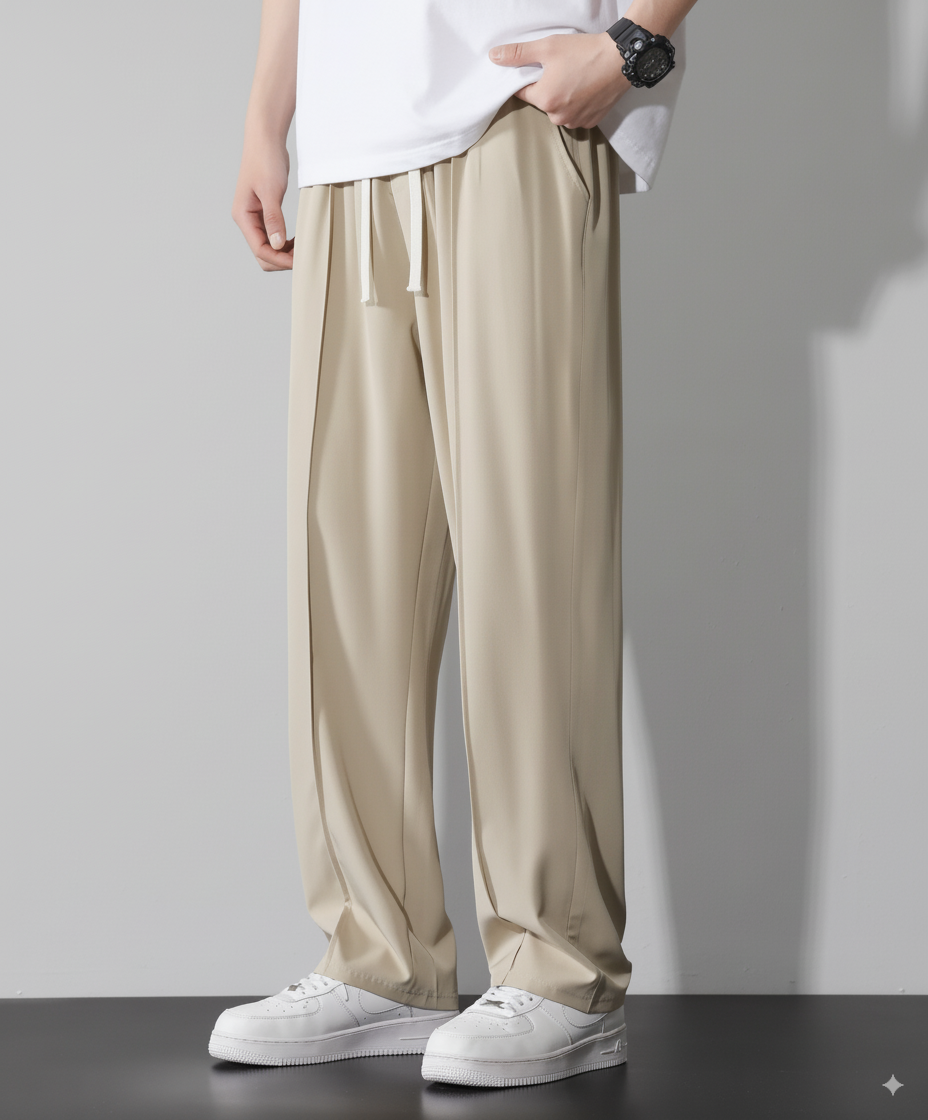 Beige Straight fit Pleated Pant with Drawstring