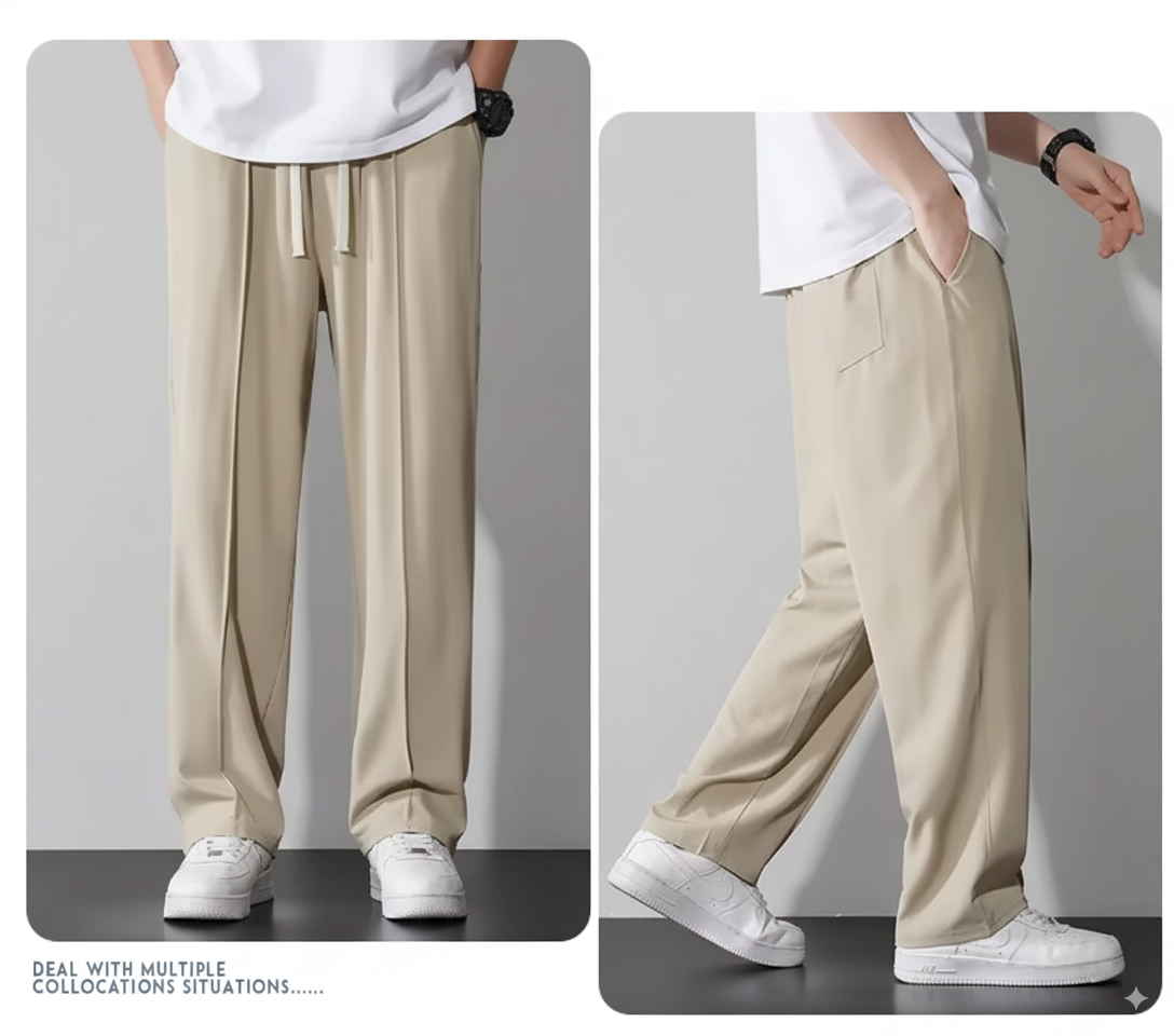 Beige Straight fit Pleated Pant with Drawstring