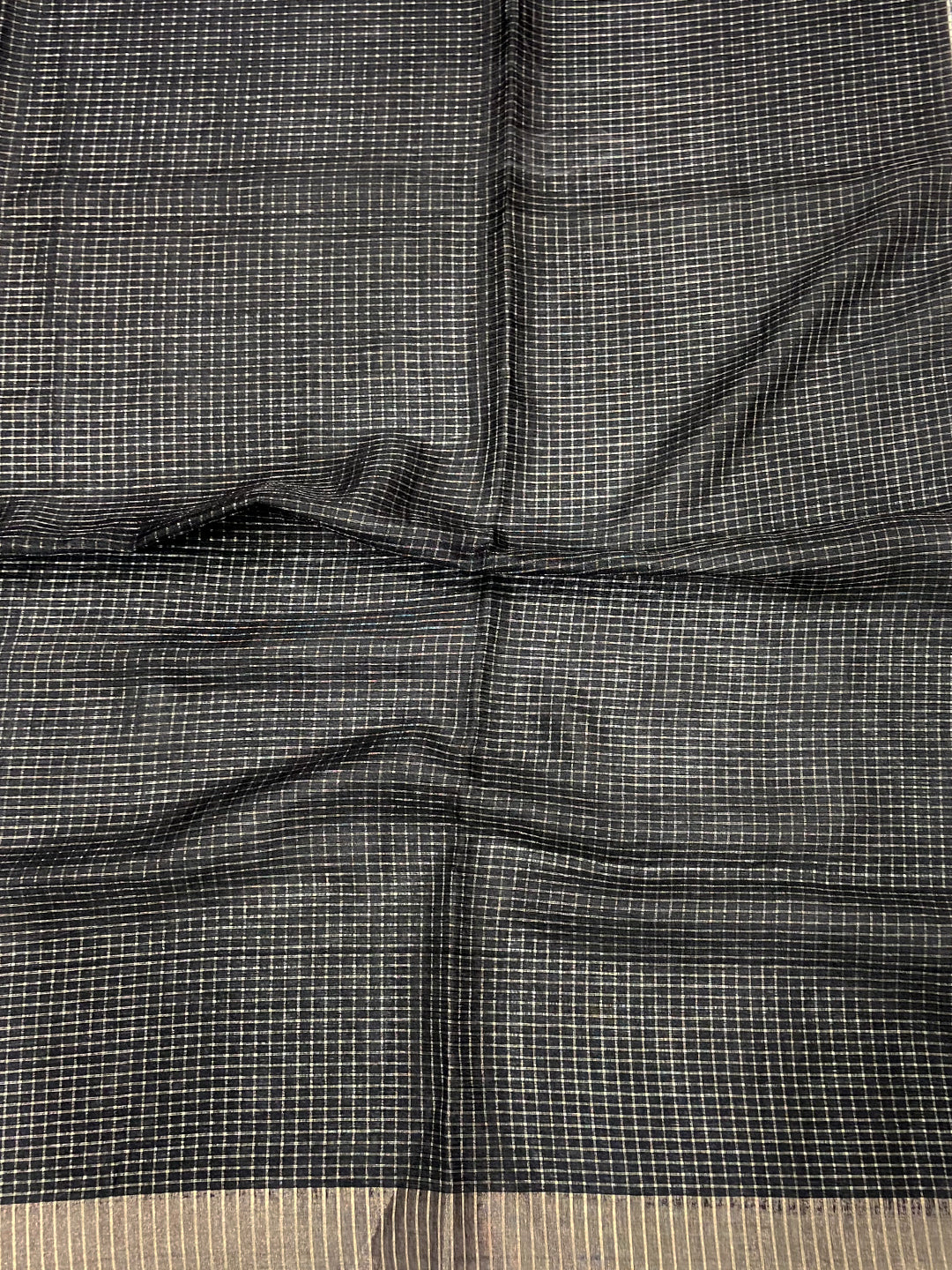 Elegant Black Check Floral Tissue Chanderi Saree by My Store