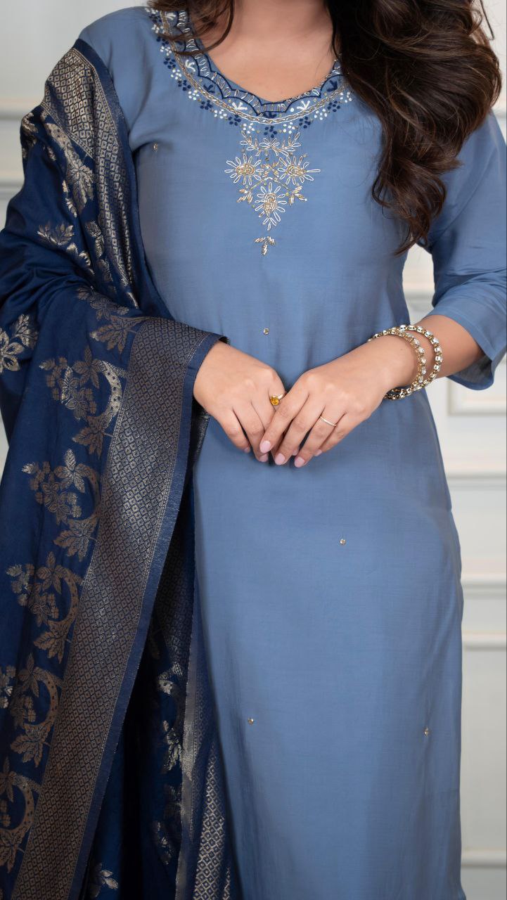 Dusty Blue Kurta Set with Navy Blue Dupatta – Elegant Women’s Ethnic Wear